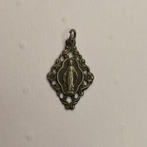 Vintage Miraculous Medal Pendant Ornate Openwork Lozenge Filigree Frame Charm